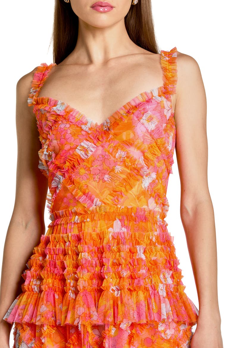 Sleeveless Floral Ruffle A-Line Maxi Dress, Alternate, color, Orange Multi