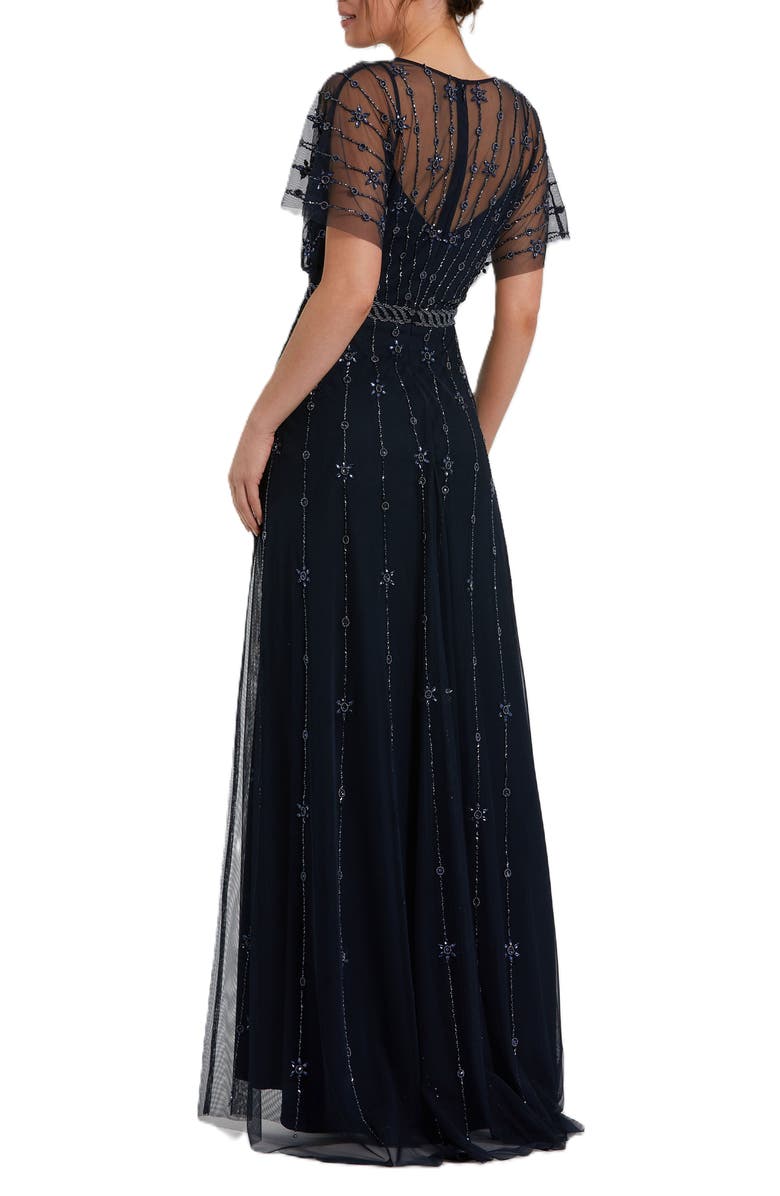 Mac Duggal V Neck Embellished Flutter Sleeve A Line Gown, Alternate, color, Midnight