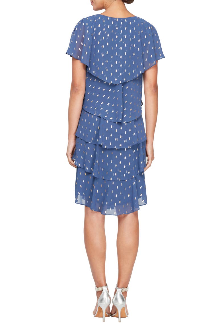 Cape Top Metallic Printed Tiered Dress, Alternate, color, WEDGEWOOD