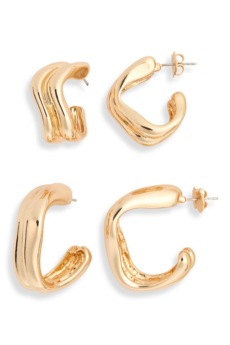 Set of 2 Wavy Hoop Earrings, Main, color, GOLD