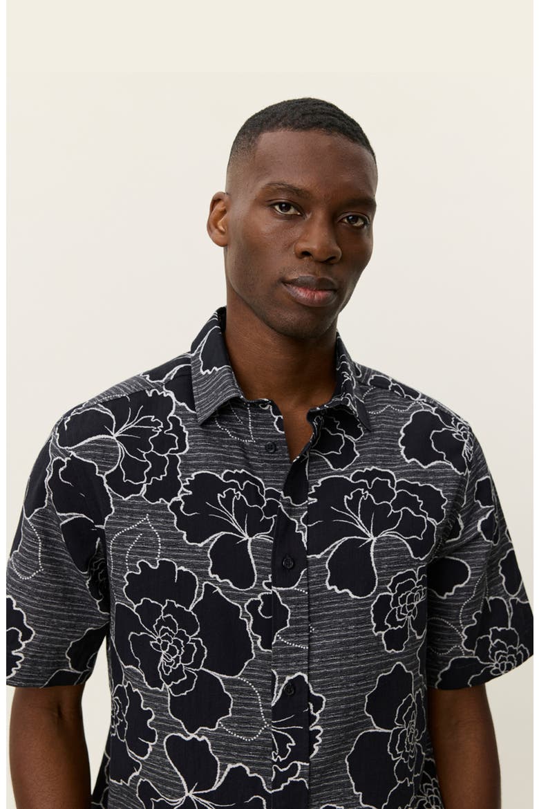 Charlie Poppy Pattern Short Sleeve Knit Cotton Blend Button-Up Shirt, Alternate, color, BLACK