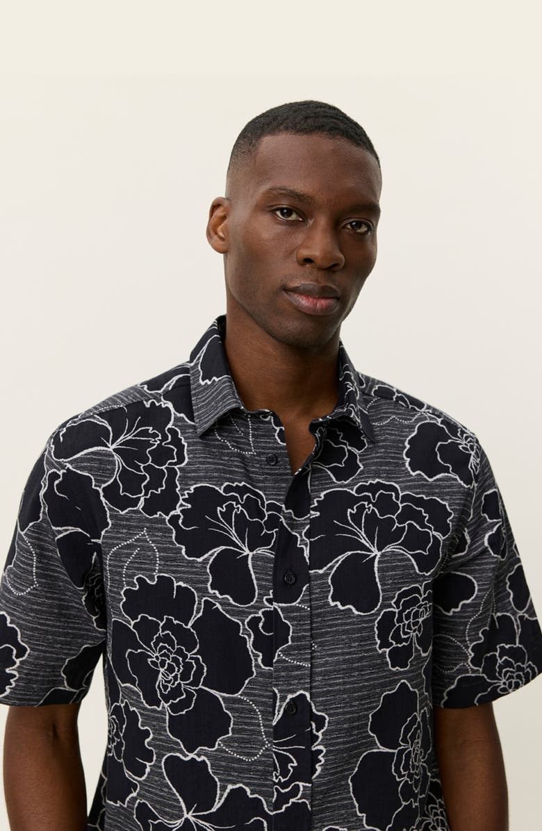Les Deux Charlie Poppy Pattern Short Sleeve Knit Cotton Blend Button-Up Shirt, Alternate, color, Black