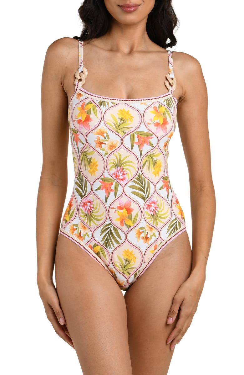 La Blanca Palm One-Piece Swimsuit, Main, color, White Multi