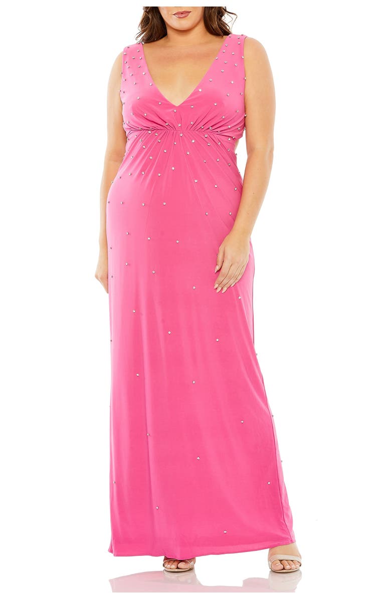Mac Duggal Rhinestone Embellished Open Back Jersey Gown, Main, color, Hot Pink