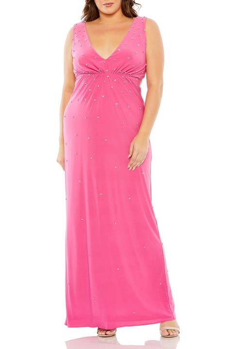 Rhinestone Embellished Open Back Jersey Gown (Plus)