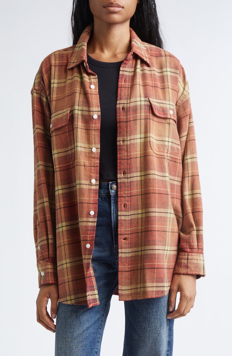 R13 Boyfriend Plaid Cotton Button-Up Shirt, Main, color, Bleached Red / Ecru Plaid