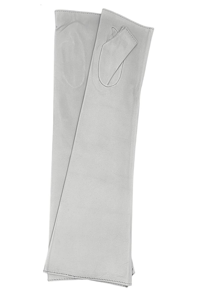 Fergie Silk Lined Fingerless Leather Gloves, Main, color, GREY