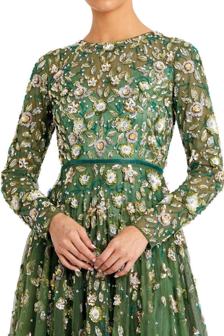 Petite Embellished High Neck Long Sleeve A-Line Gown, Alternate, color, Sage
