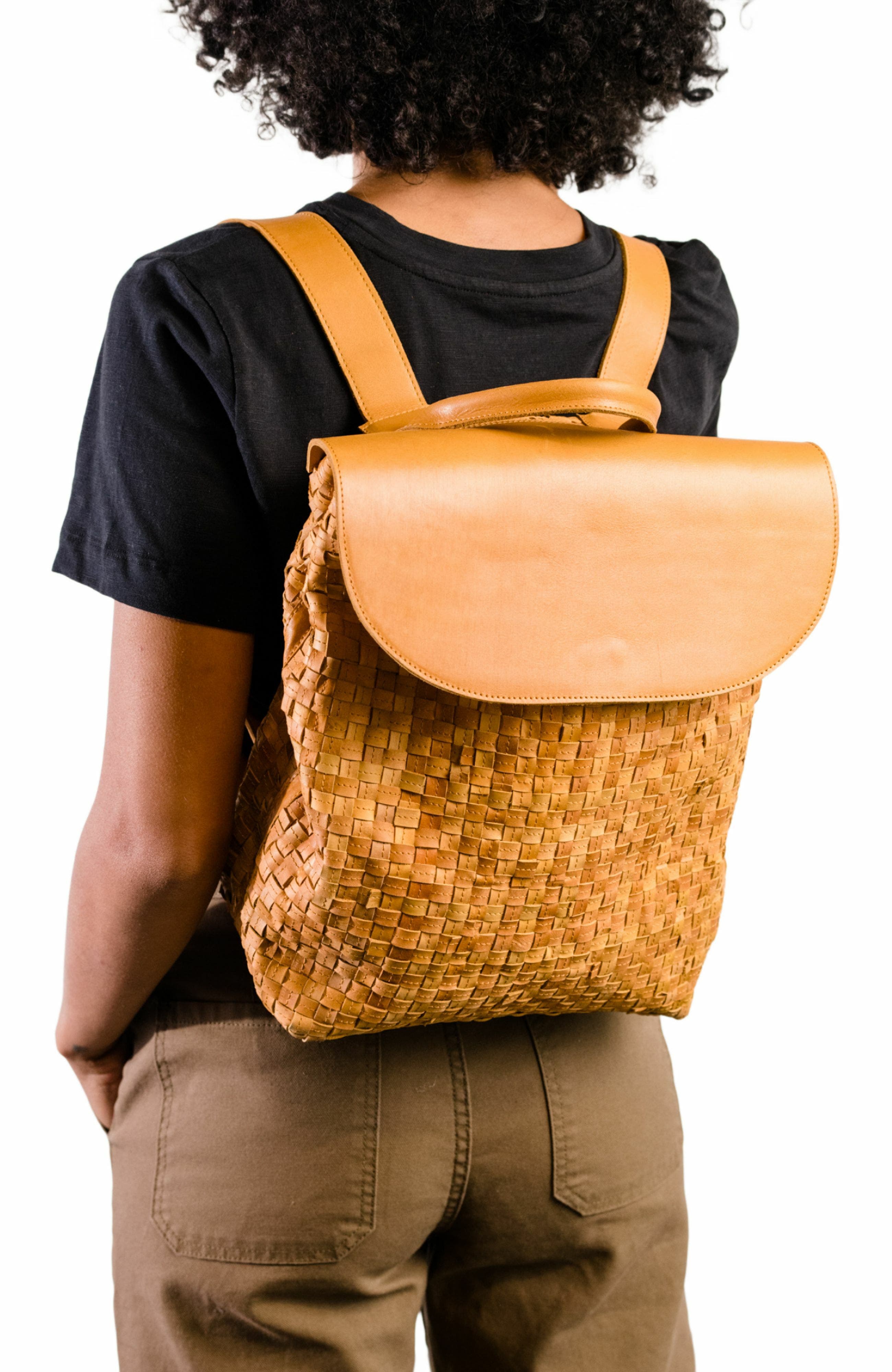 ABLE Elsa Basketweave Backpack, Alternate, color, Cognac