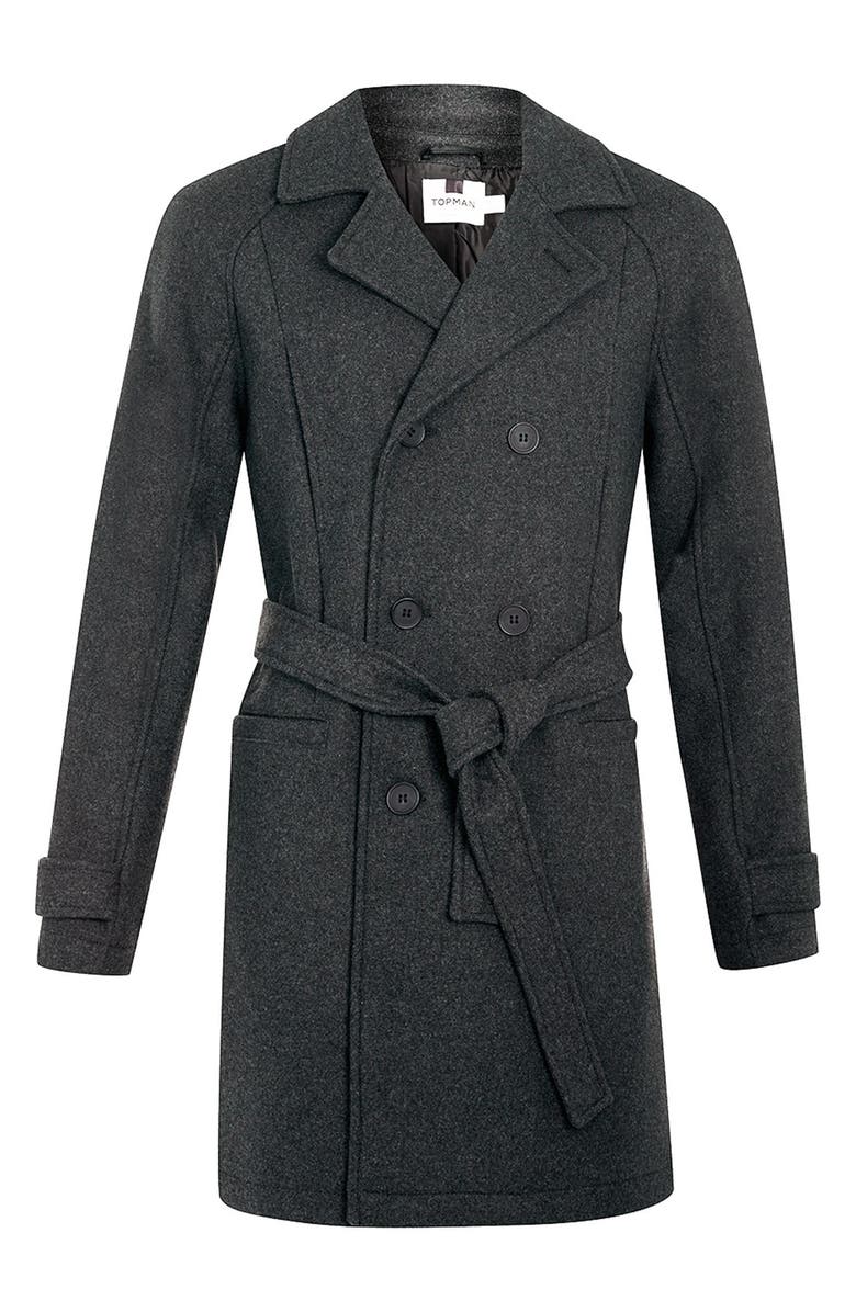 Topman Charcoal Wool Blend Trench Coat, Alternate, color,