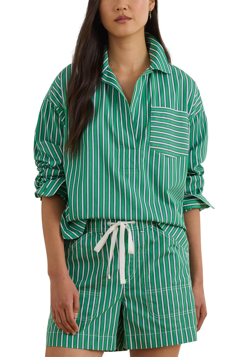 Stachee '70s Stripe Cotton Broadcloth Popover Shirt, Main, color, GREEN/ WHITE MULTI