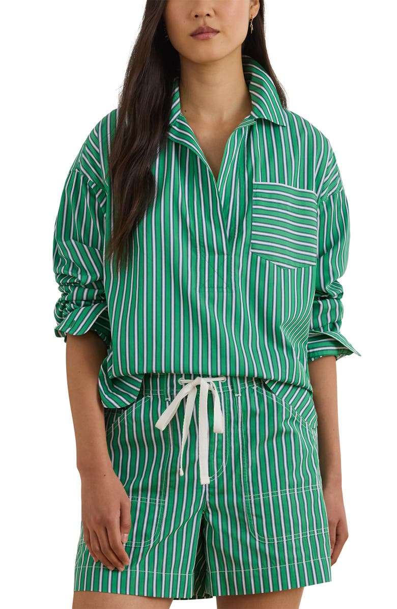 Lauren Ralph Lauren Stachee '70s Stripe Cotton Broadcloth Popover Shirt, Main, color, Green/ White Multi
