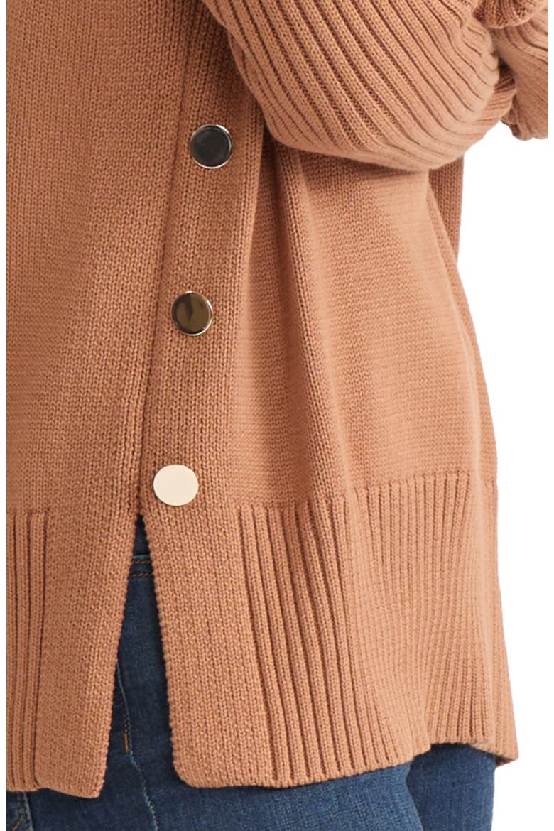 Button Detail Rib Funnel Neck Sweater, Alternate, color, CARAMEL