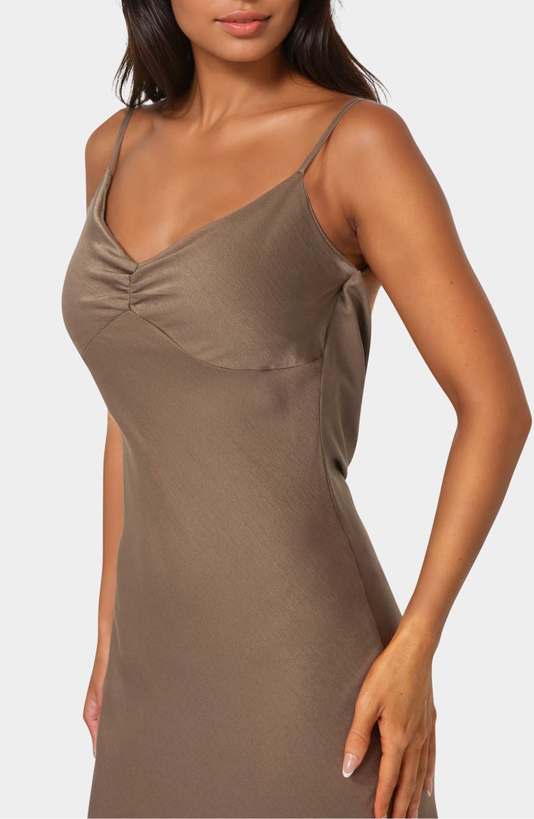 bebe Cey Crepe Draped Back Maxi Slipdress, Alternate, color, Mocha