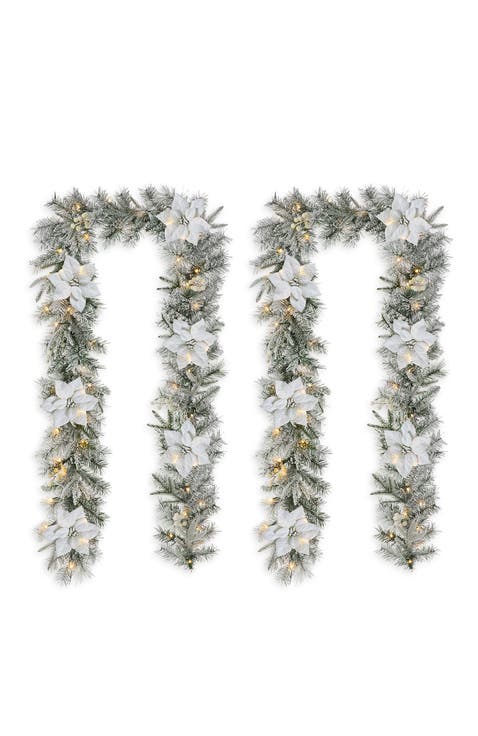 Set of 2 Pre-Lit Poinsettia Christmas Garland with Timer