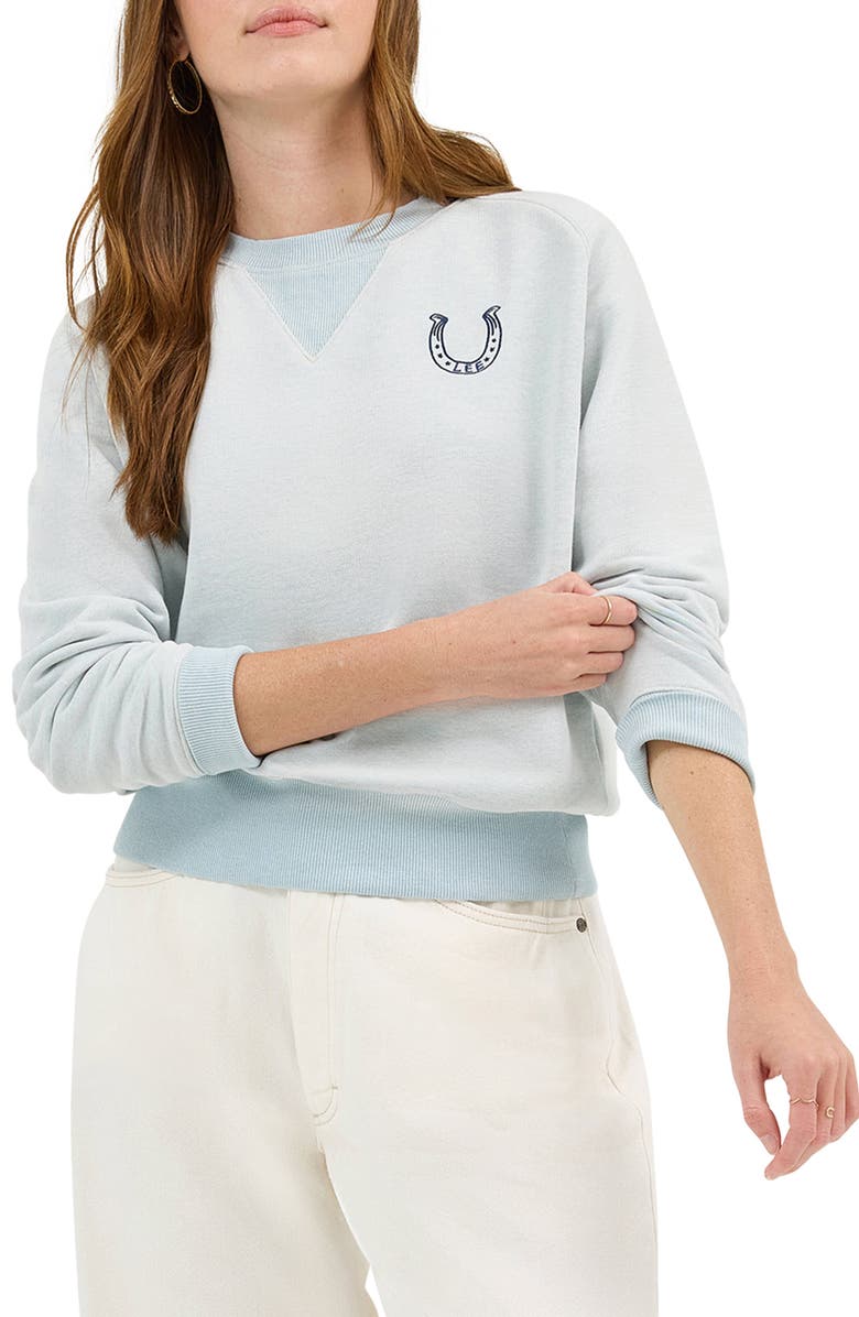 Lee Horsehoe Logo Raglan Sleeve Cotton Blend Sweatshirt, Main, color, Dewy/ Embroidery