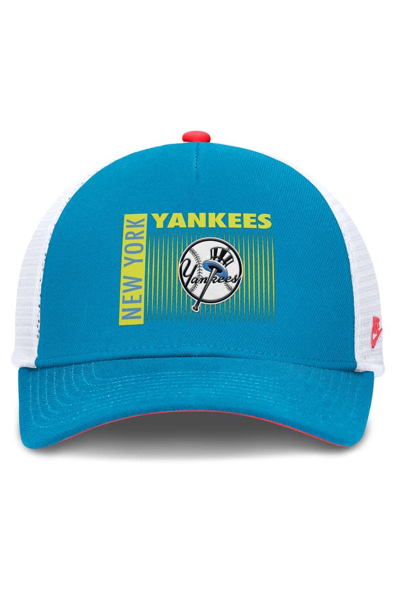 Men's Nike Blue New York Yankees Neon 90s Rise Structured Performance Adjustable Trucker Hat, Alternate, color, Teal