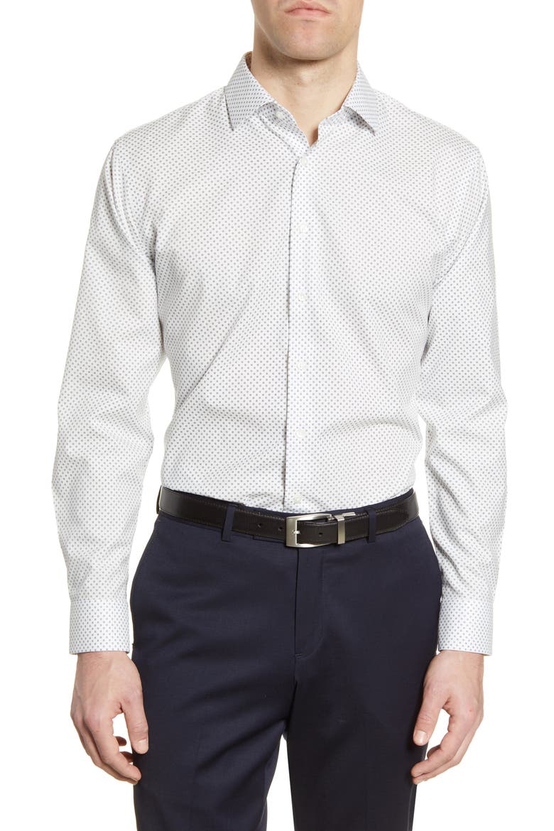 Trim Fit Non-Iron Floral Dress Shirt, Main, color, WHITE NAVY MINI DAISY