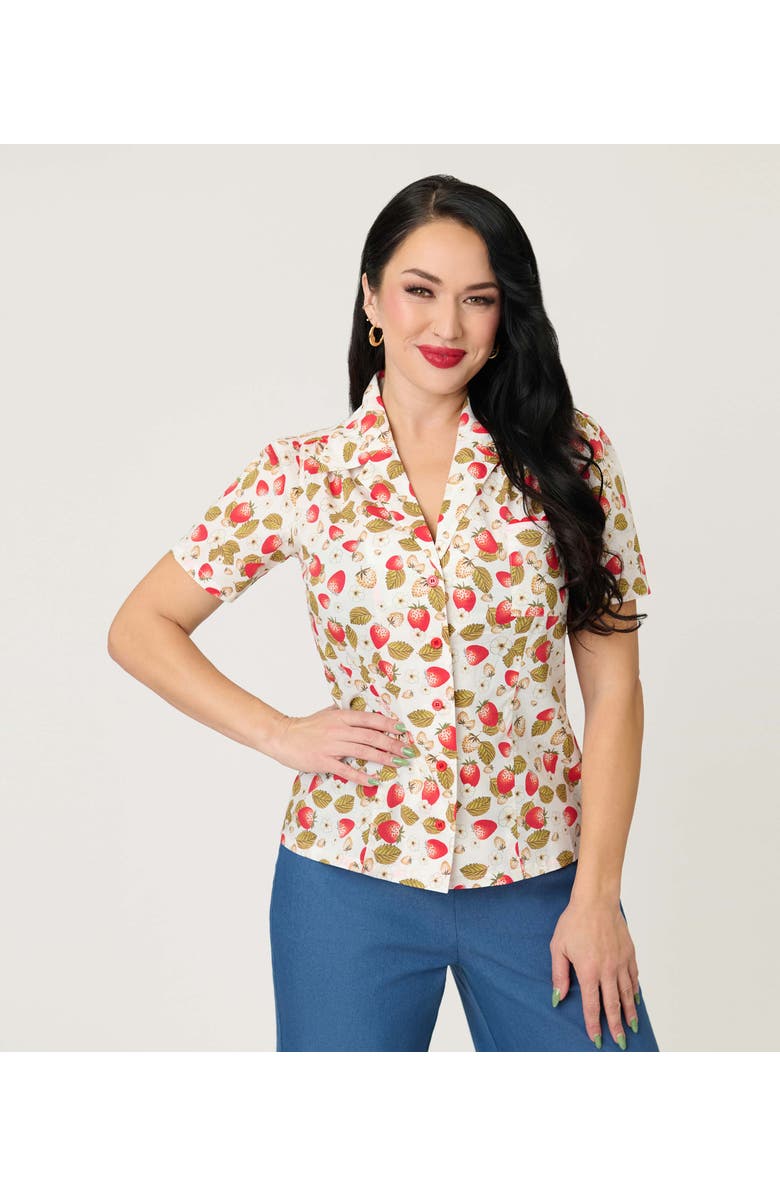 Unique Vintage 1940s Short Sleeve Collared Button Down Woven Blouse, Alternate, color, White W/ Strawberry Print
