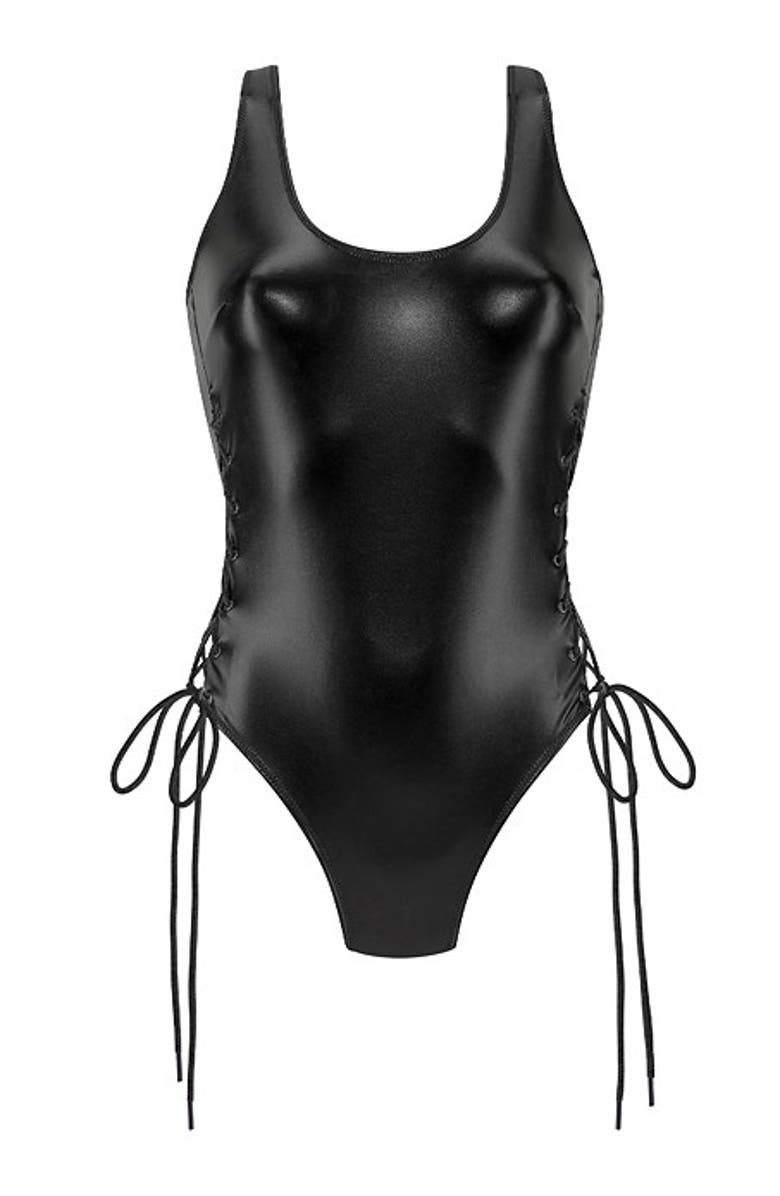 LASCANA Lace Up Thong Teddy, Alternate, color, Black