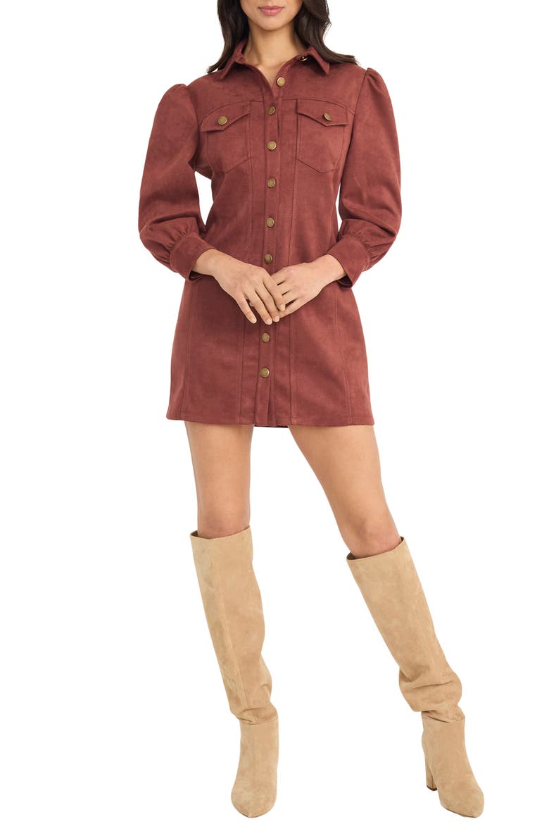 Long Sleeve Faux Suede Minidress, Main, color, RUM RAISIN