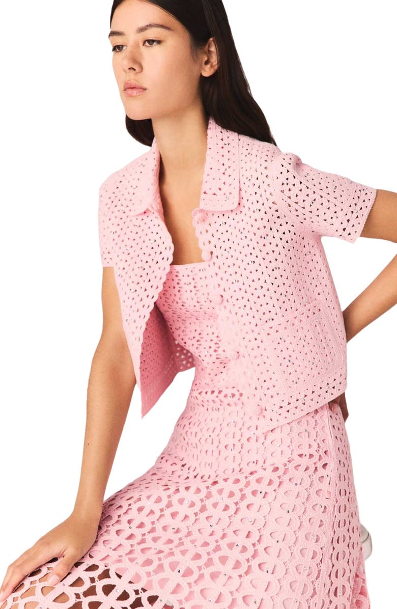 maje Rhinestone crochet cardigan, Alternate, color, Pink