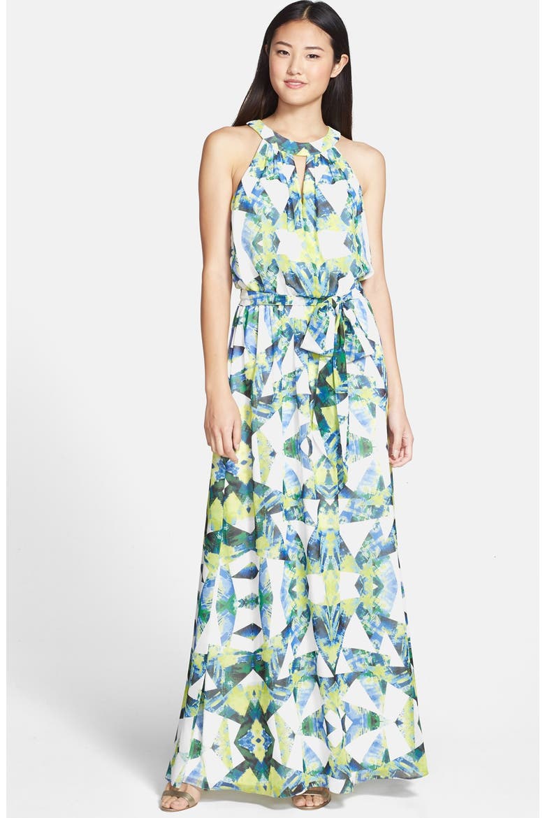 Print Tie Waist Chiffon Maxi Dress, Main, color, PRINT