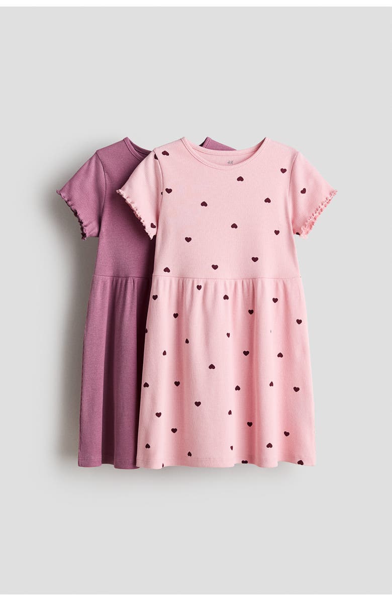 H&M 2-pack ribbed cotton dresses, Main, color, Light Pink/Hearts