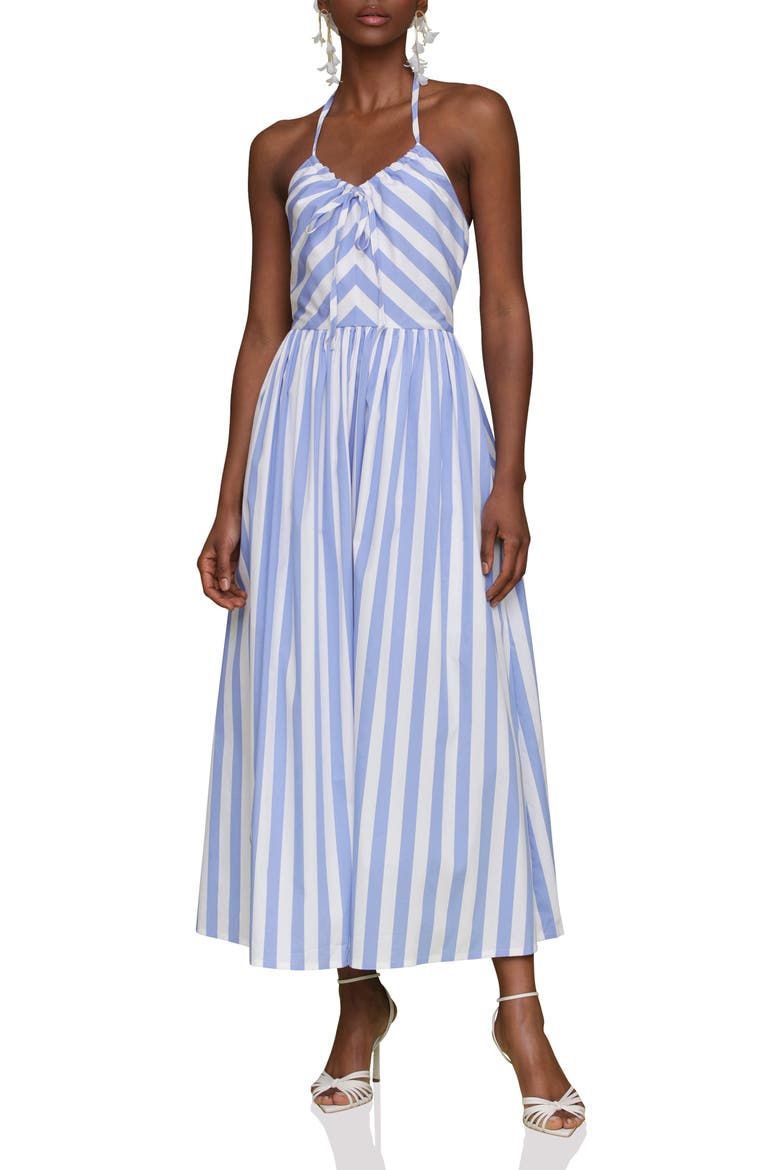 Stripe Halter Neck Cotton Blend Midi Dress, Main, color, BLUEWHITE STRIPE