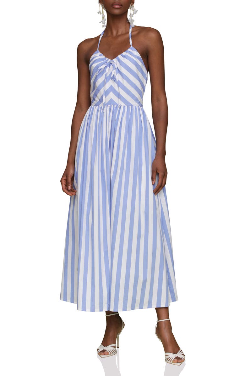 Avec Les Filles Stripe Halter Neck Cotton Blend Midi Dress, Main, color, Bluewhite Stripe