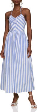 Avec Les Filles Stripe Halter Neck Cotton Blend Midi Dress