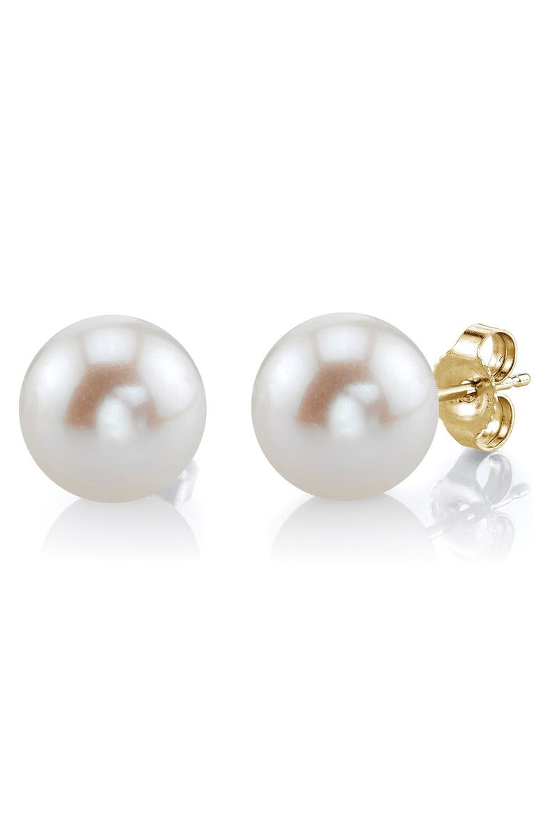 13mm White Freshwater Round Pearl Stud Earrings, Main, color, Yellow Gold