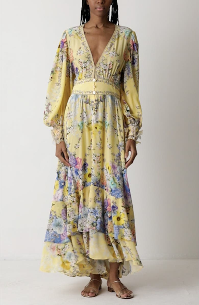 Darling Buds Floral Long Sleeve Silk Button Front Dress, sales video thumbnail