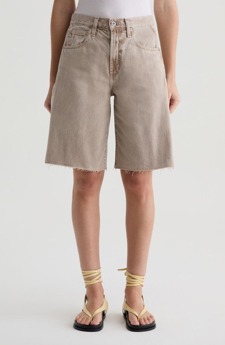 AG Hattie High Waist Raw Hem Denim Barrel Shorts, Main, color, Sulfur Simple Taupe