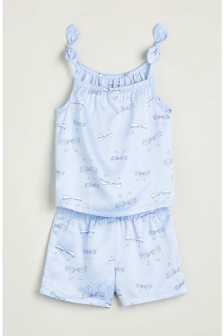 Kids' Bow Trim Satin Short Pajamas, Alternate, color, BLUE DAZZLE BOWS