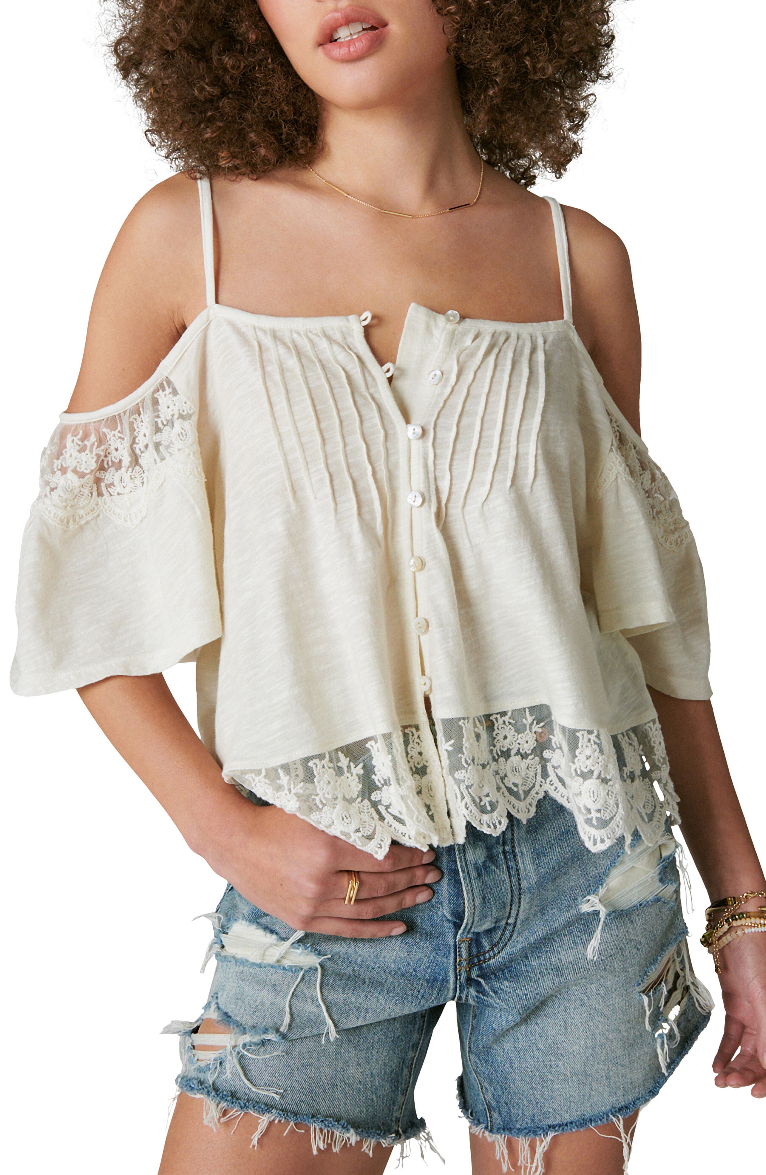 Lucky Brand Embroidered Lace Cold Shoulder Top