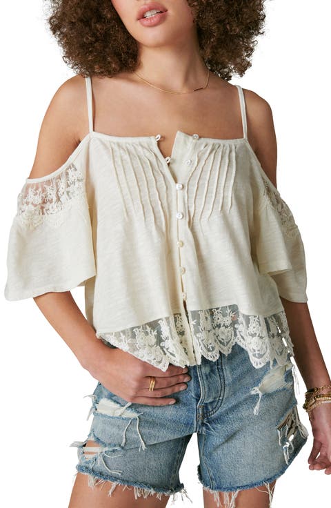 Embroidered Lace Cold Shoulder Top