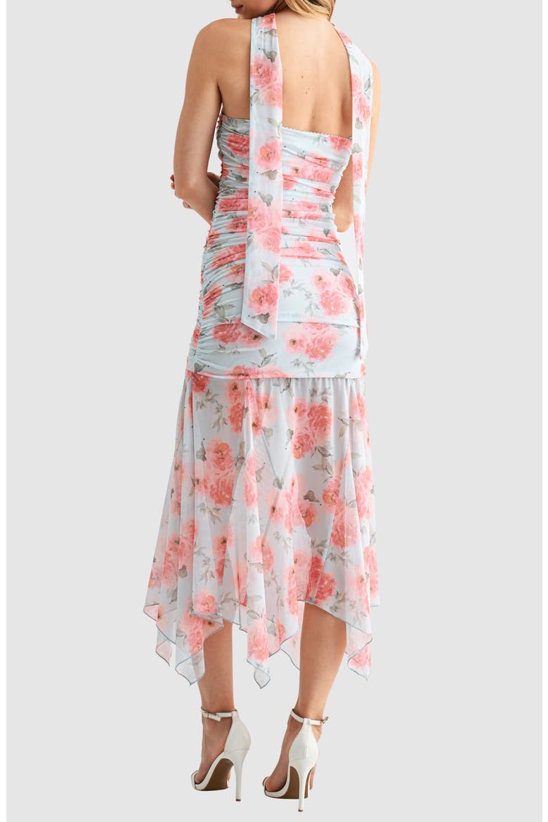 Floral Ruched Drop Waist Midi Dress with Removable Scarf, Alternate, color, BLUE MAUVE FLORAL