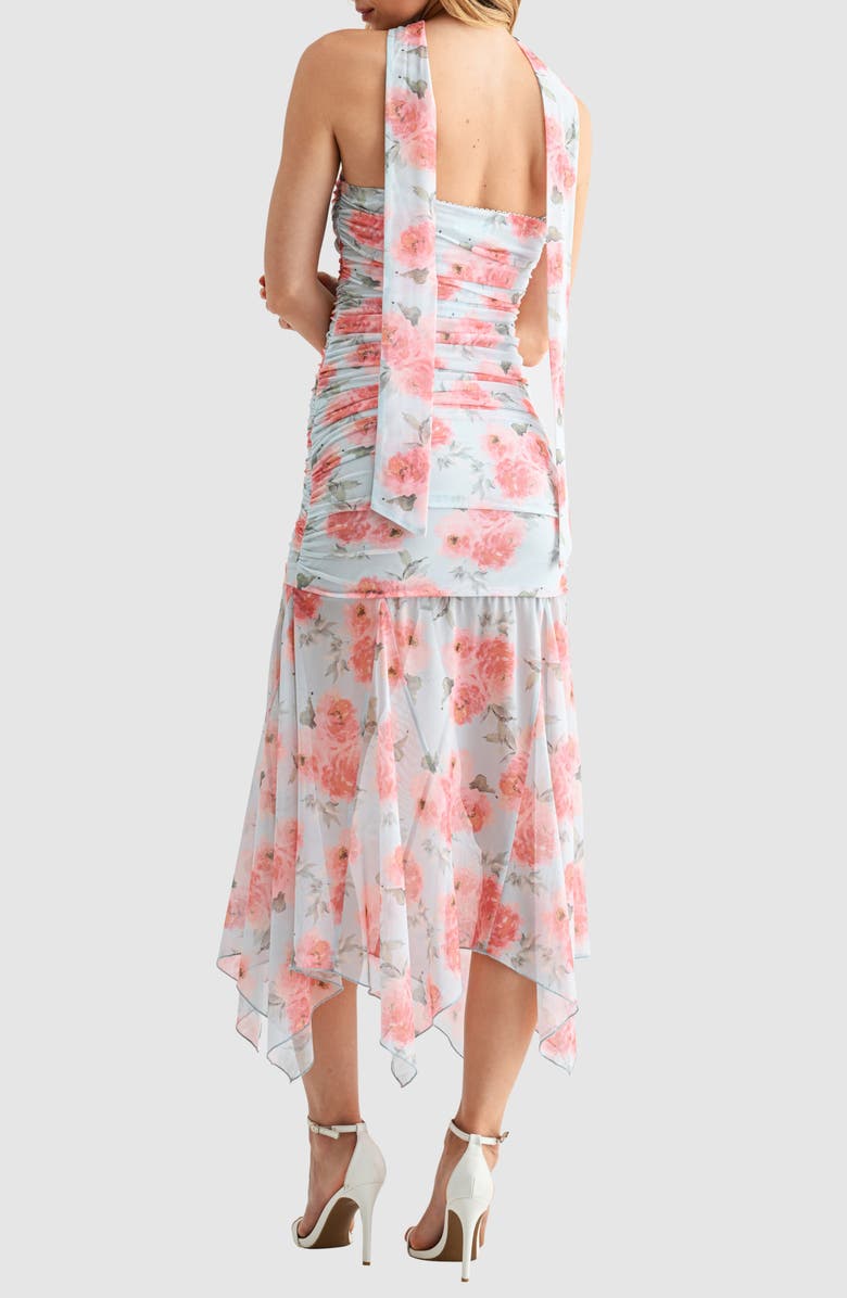 All in Favor Floral Ruched Drop Waist Midi Dress with Removable Scarf, Alternate, color, Blue Mauve Floral