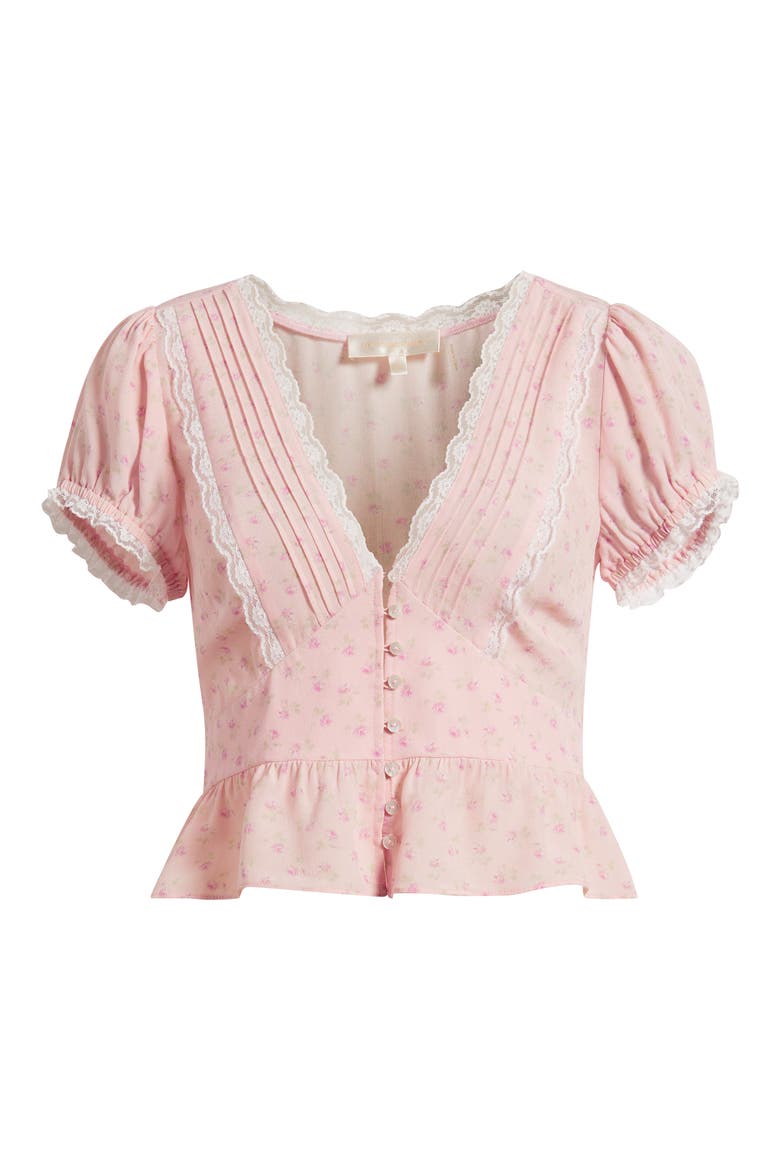 Bondy Ditsy Floral Lace Trim Button-Up Peplum Top, Main, color, CALICO PEACH