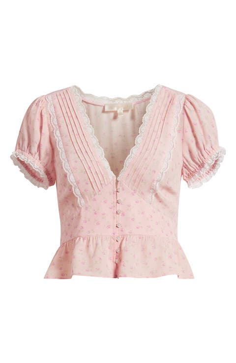 Bondy Ditsy Floral Lace Trim Button-Up Peplum Top