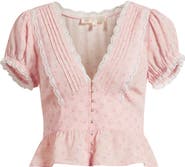 LoveShackFancy Bondy Ditsy Floral Lace Trim Button-Up Peplum Top