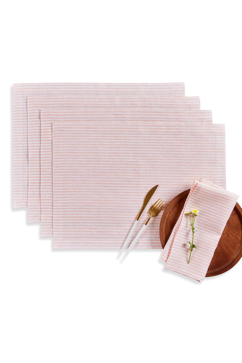 Linen Placemats Set of 4, 14 x 19" - Narrow Stripe, Main, color, Peach and White