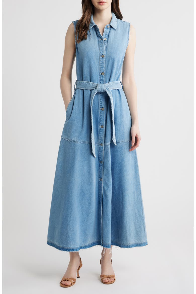 Addison Sleeveless Raw Hem Denim Shirtdress, Main, color, LIGHT INDIGO