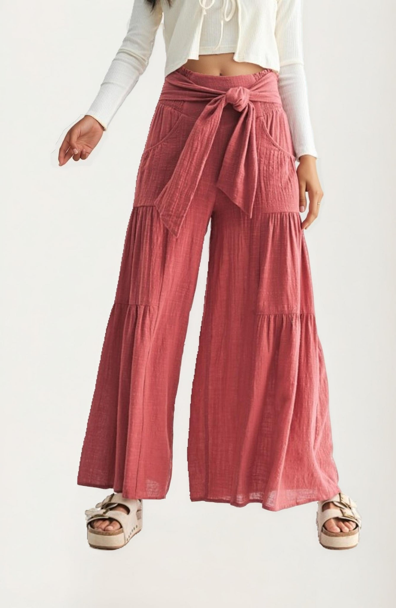 Knit and Lounge Wide-Leg Tie-Front Patch-Pocket Pants, Alternate, color, Reddish Pink