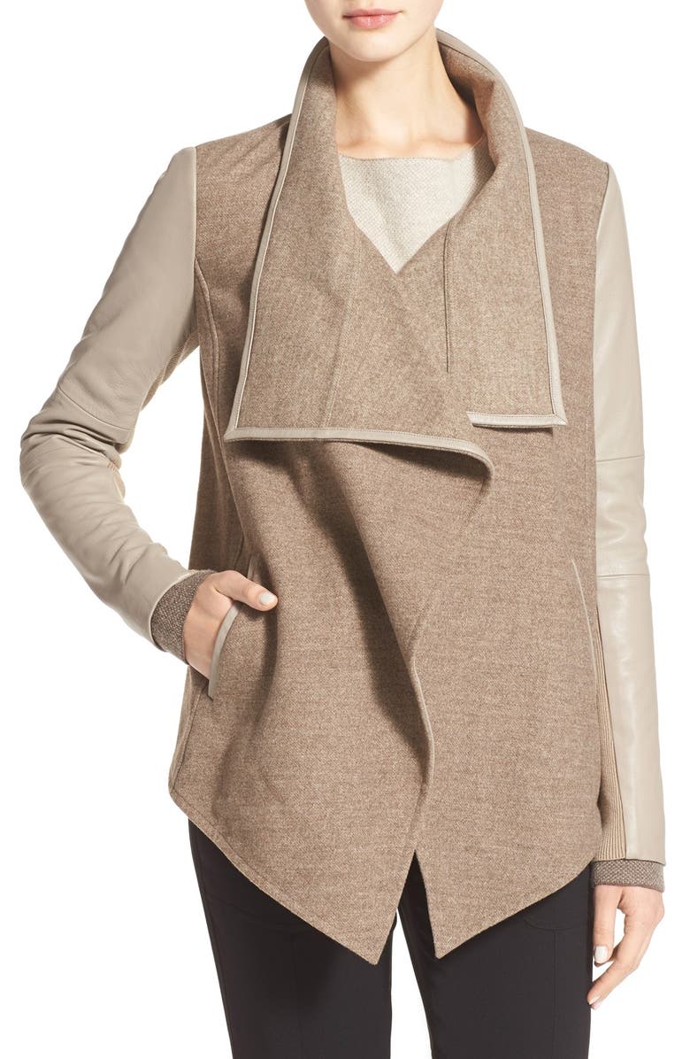 Vince Leather Trim Drape Neck Jacket, Main, color,