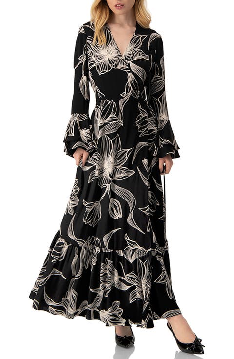 Long Black Dress with White Floral Print