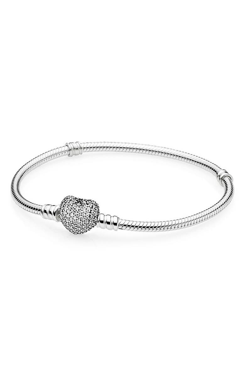 PANDORA Pavé Heart Sterling Silver Charm Bracelet, Main, color,