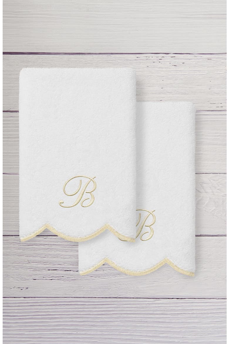 Adornia Scalloped Set of 2 Initial Washcloths, Alternate, color, WHITE/ BEIGE B