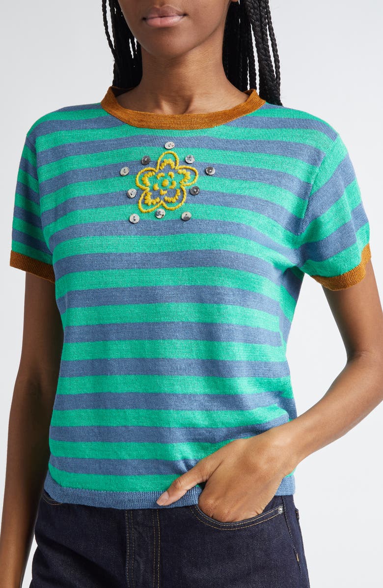YanYan Embroidered Stripe Linen Sweater, Alternate, color, Denim/ Peppermint